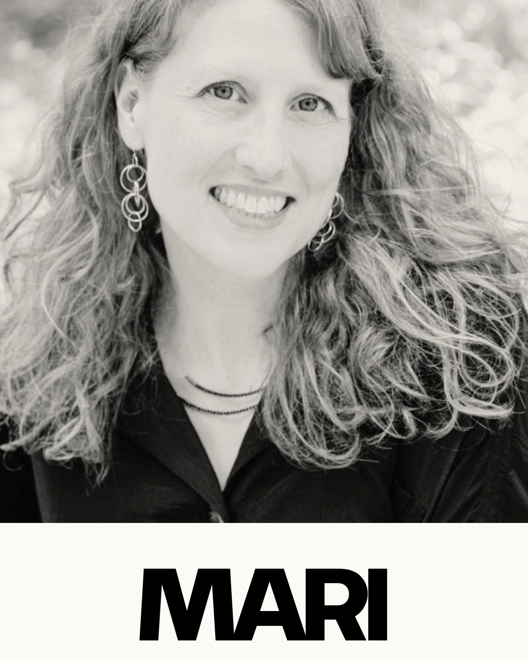 Black and white portrait of a woman with long curly hair, smiling, wearing earrings and a necklace, with the name Marian in large bold letters at the bottom.