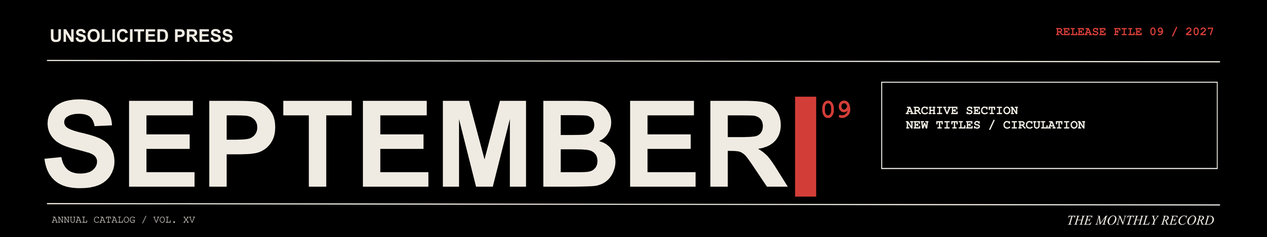 Cover page of a publication with the title 'September 09', featuring black background, large gray text for 'September', red accents, and sections labeled 'Unsolicited Press', 'Archive Section', and 'Annual Catalog'