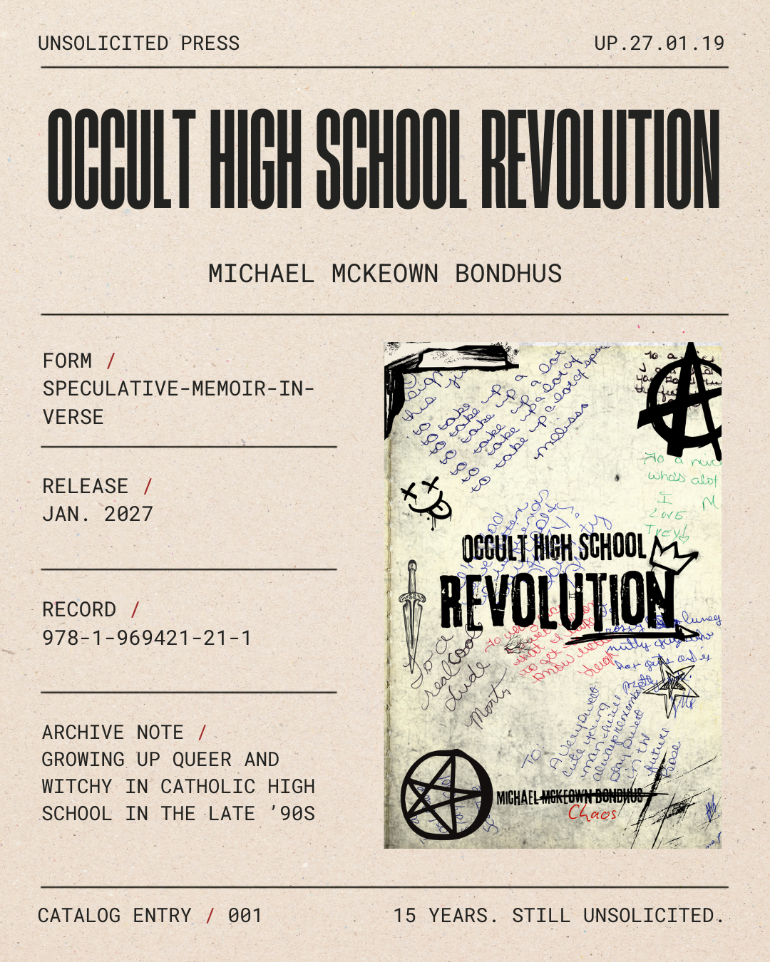 Cover of a book titled 'Occult High School Revolution' with handwritten notes, drawings, and symbols, including a pentagram, star, and a dagger, with a collage of handwritten messages and doodles.