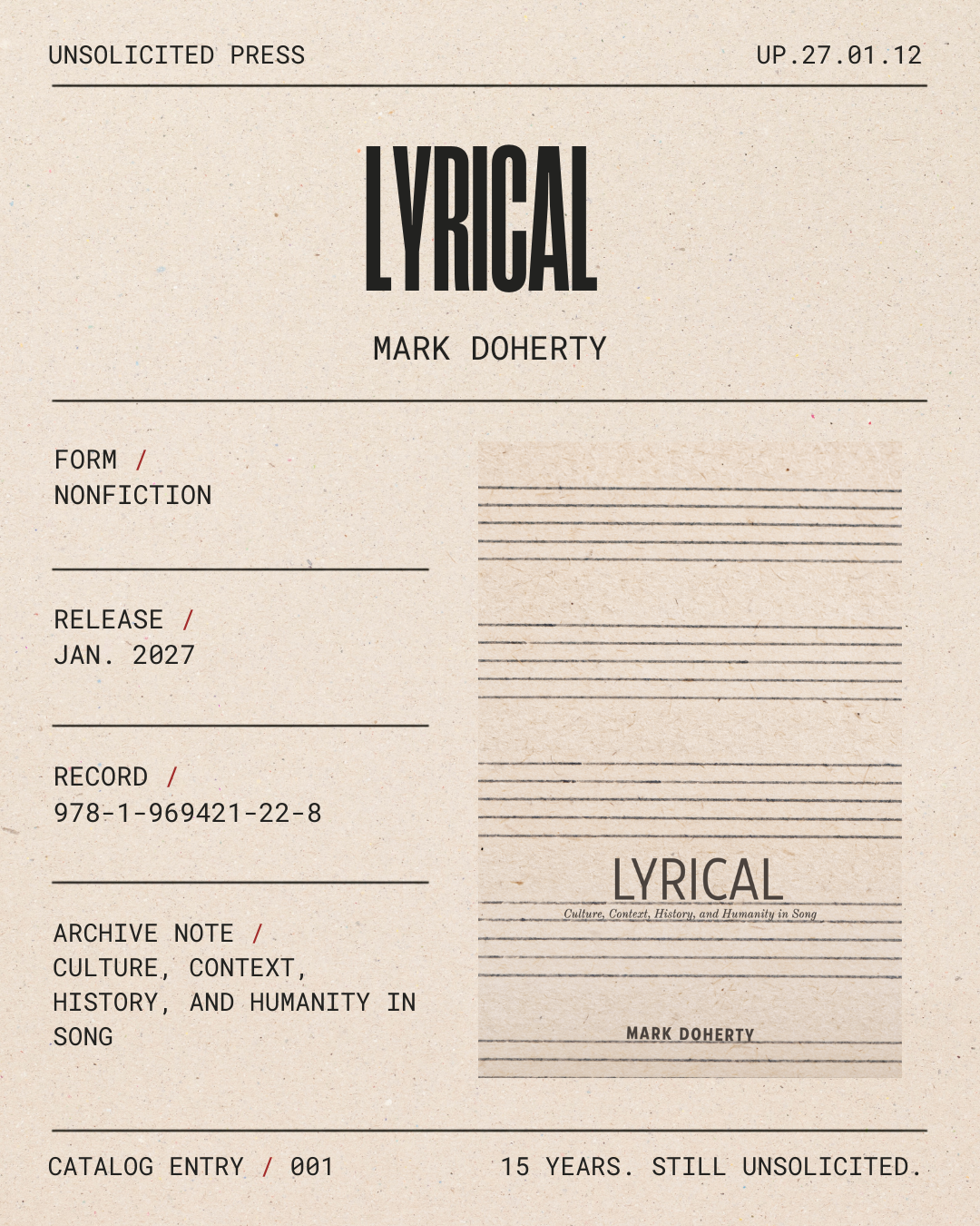 Book cover titled 'Lyrical' by Mark Doherty, with a subtitle 'Culture, Context, History, and Humanity in Song'.