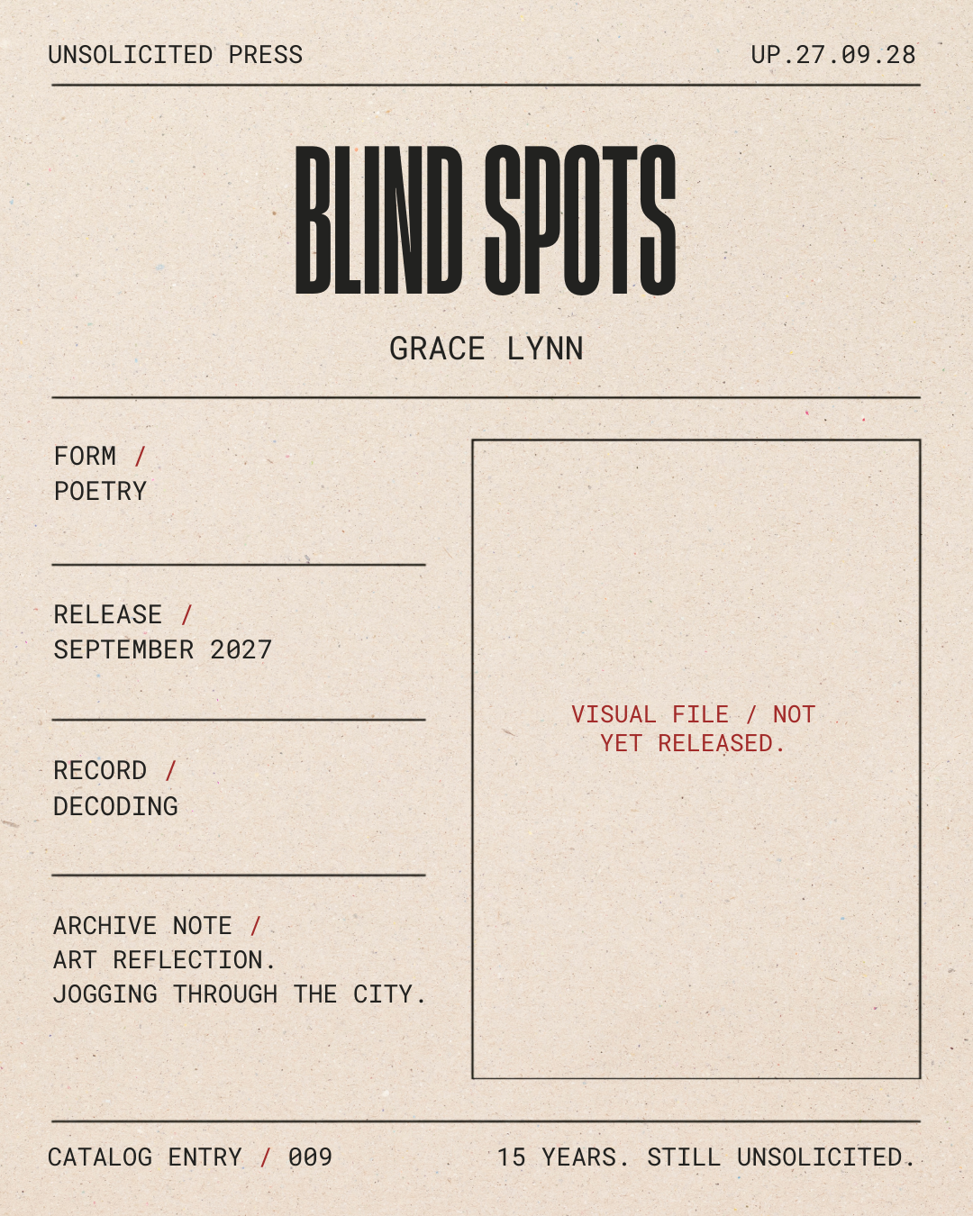A cover page for a poetry catalog titled "Blind Spots" by Grace Lynn. The page is designed like a vintage document with sections for form, release date, record, archive note, and catalog entry, with a note indicating the visual file is not yet releas