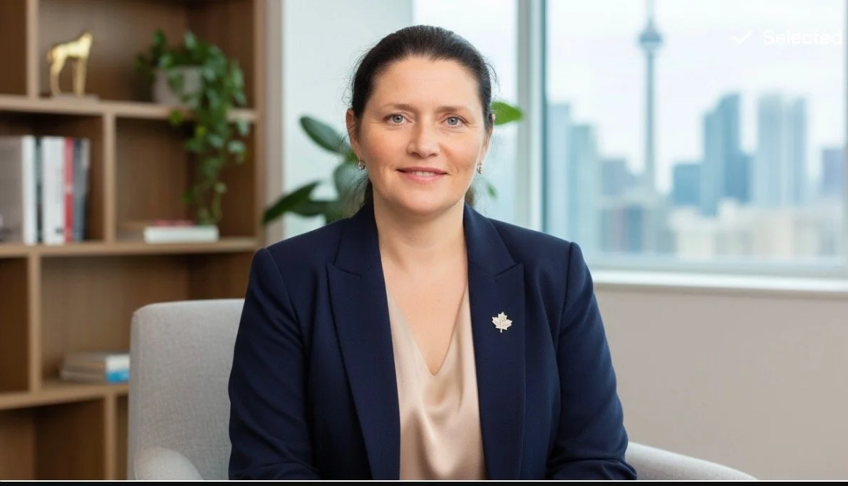 Professional woman sitting in office with bookshelves and city skyline window in background.