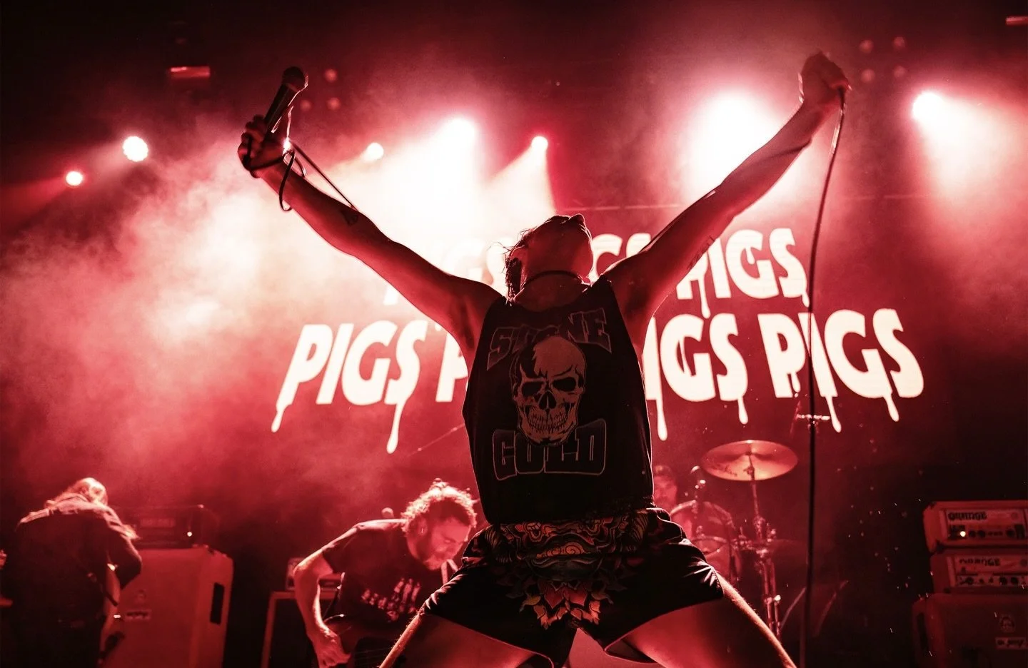 Performer on stage in front of a backdrop that reads 'Pigs Pigs Pigs Pigs Pigs Pigs.' The performer has arms raised, holding a microphone, wearing a skull-themed vest and shorts, with bright stage lighting and a band playing behind.