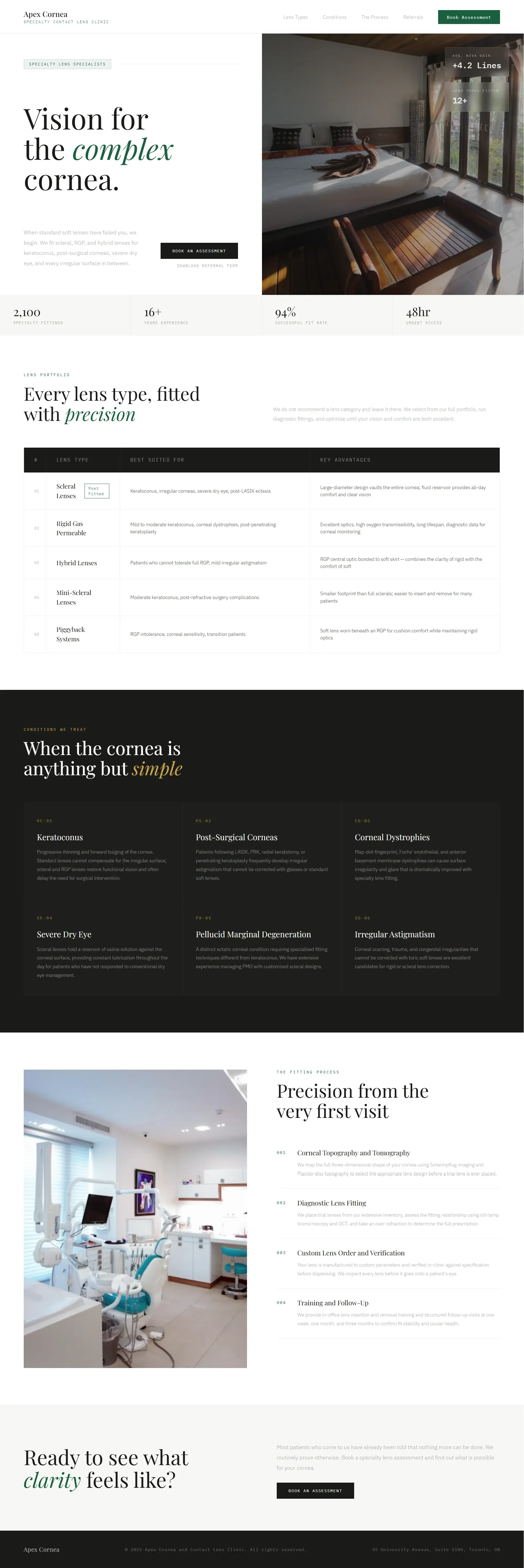 Specialty contact lens clinic website design for Apex Cornea featuring scleral lens and complex cornea treatment marketing.