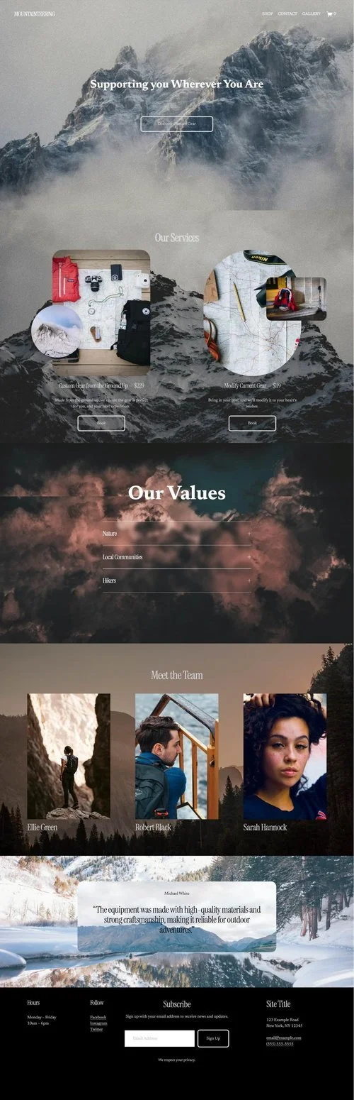Mountaineering website showcasing custom gear services.  -  squarespace ecommerce site, squarespace ecommerce website, squarespace ecommerce website examples, ecommerce website squarespace