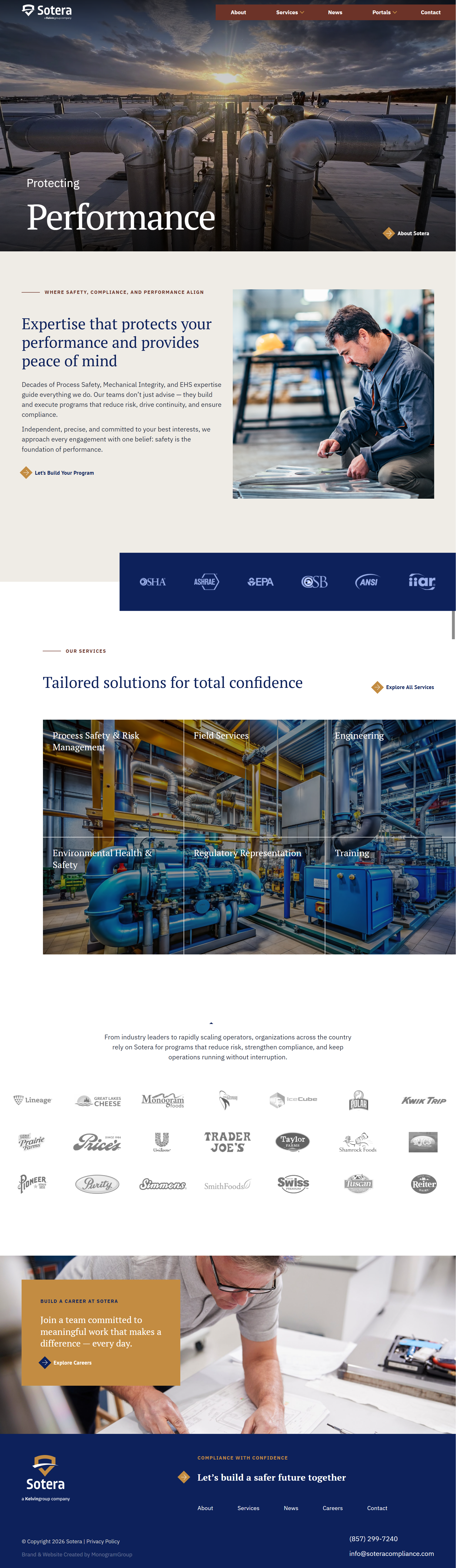 Industrial pipes against sunset sky on rooftop, with company branding for Sotera at top, featuring navigation menu, and sections on safety expertise, services, client logos, careers, and contact information. - toronto web  design services  web design