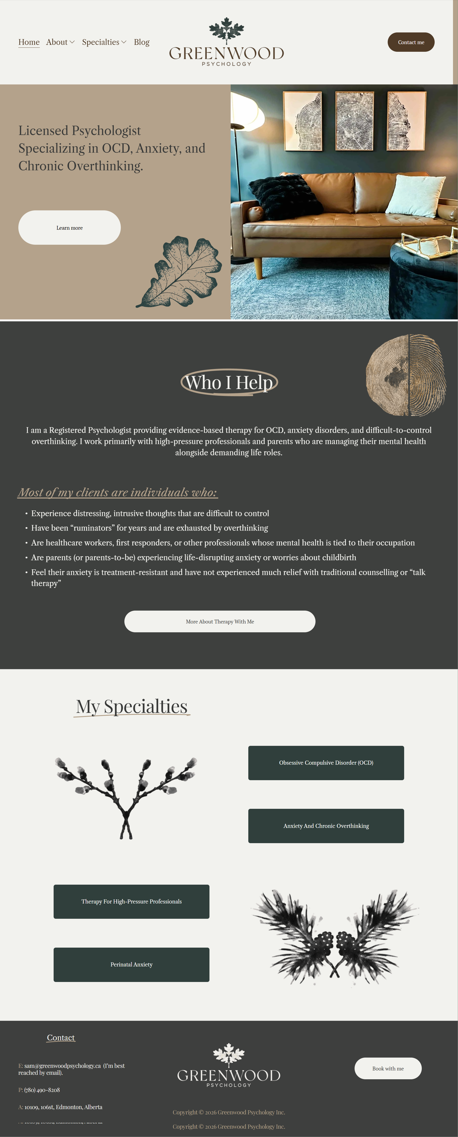 Homepage of Greenwood Psychology website, featuring a beige and gray color scheme, with an image of a brown leather sofa, framed artwork, and digital illustrations of leaves and branches. - - toronto web  design services  web designer toronto, web  d