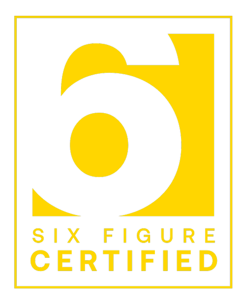 Six Figure Certified logo with a large black number six on a yellow background, and the words 'Six Figure Certified' below in yellow on a black background. toronto+web+design+services++web+designer