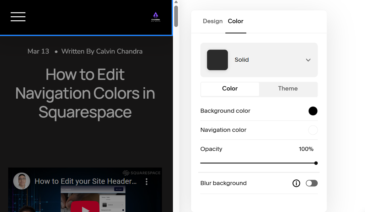 Updated mobile navigation colors in Squarespace. - how to edit navigation colors in squarespace  squarespace navigation color settings  squarespace edit header colors  how to change menu colors in squarespace