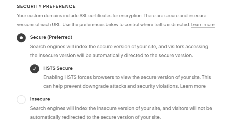 SSL settings panel in Squarespace with Secure and HSTS enabled.