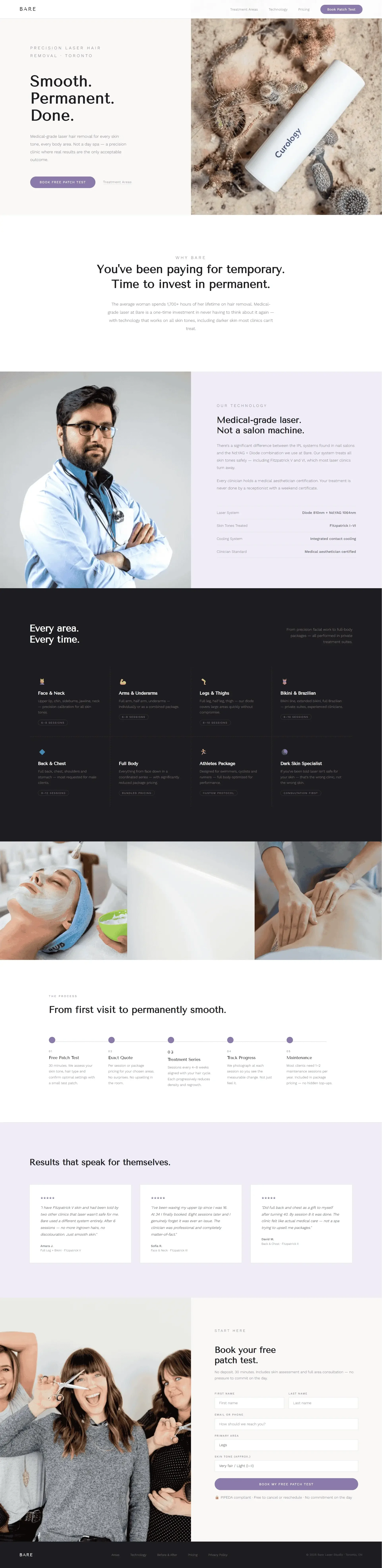Website homepage for a skincare clinic showing various sections including a product with a laser, a doctor, treatment images, and a booking form for a patch test.