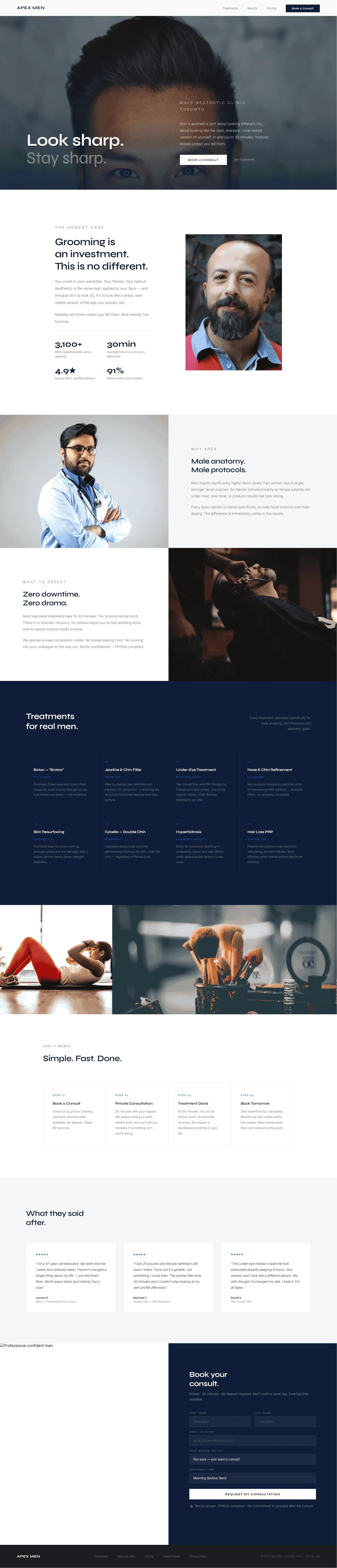 A webpage for a men's grooming service shows a large close-up of a man with styled hair at the top, with the headline "Look sharp. Stay sharp." Below are sections with images of a male barber with a beard and a man in a medical coat, text about grooming and procedures, images of a woman doing sit-ups, and grooming tools, ending with a booking form for consultations.