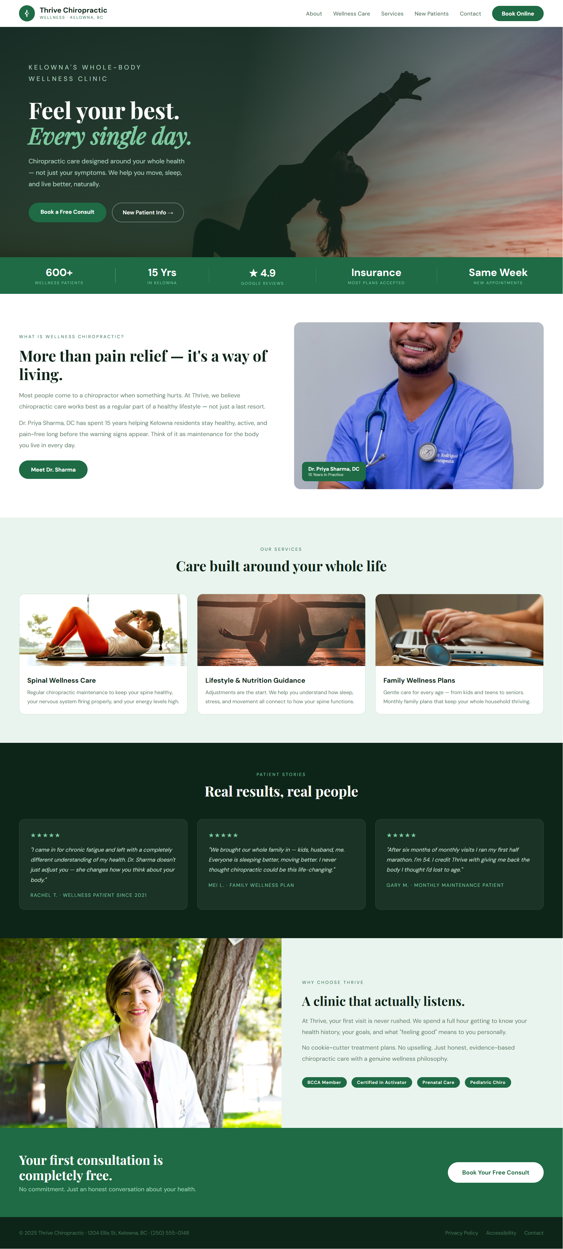 Homepage of Thrive Chiropractic website with a header featuring a woman doing yoga at sunset, a section promoting chiropractic care, a photo of Dr. Priya Sharma, and service categories including spinal wellness, lifestyle guidance, and family plans.