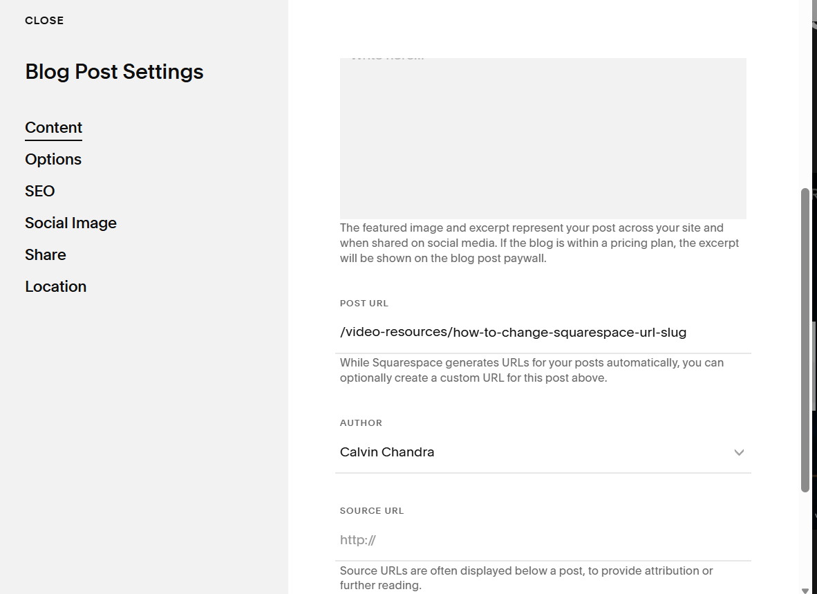 Squarespace page settings showing where to edit a URL slug.