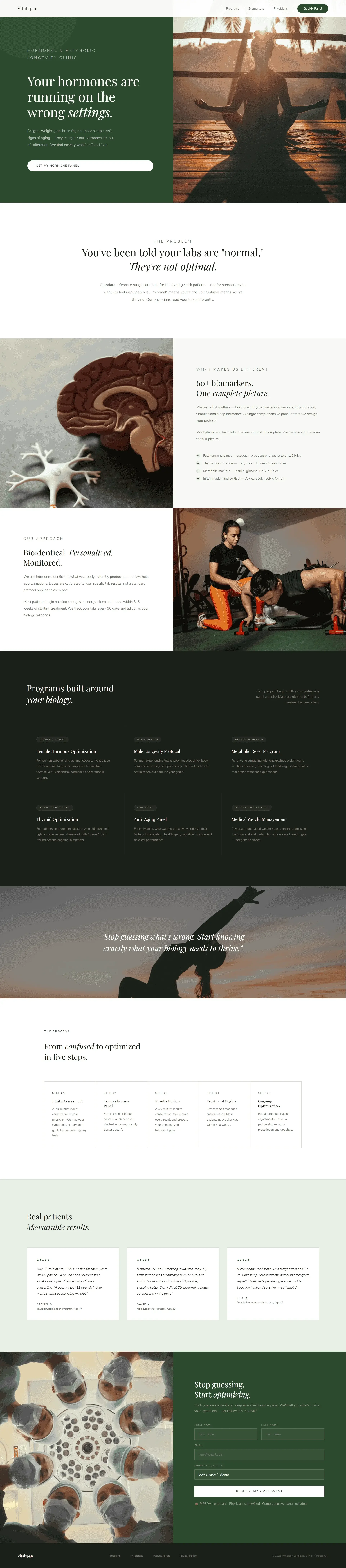 A website homepage for a health or wellness service featuring images of people practicing yoga, a brain diagram, a person working out with a trainer, and medical professionals in surgical caps.