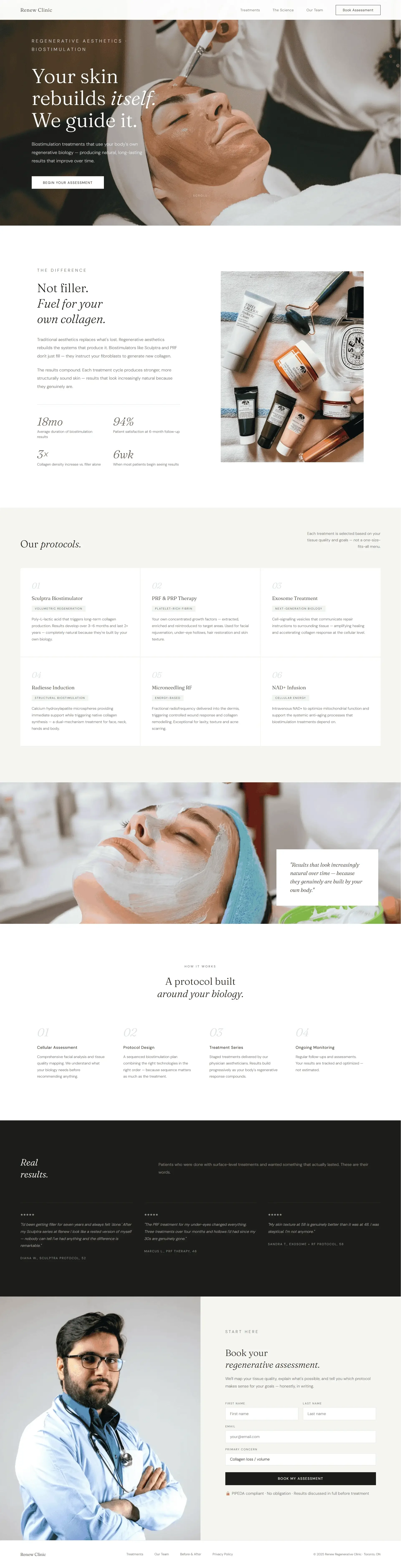 Two images of people undergoing skin treatments at a dermatology clinic. The first shows a woman lying with her eyes closed as a skincare professional applies a treatment to her face. The second features a woman with a headband and face mask relaxing during a facial procedure. The website promotes regenerative skin treatments and products.