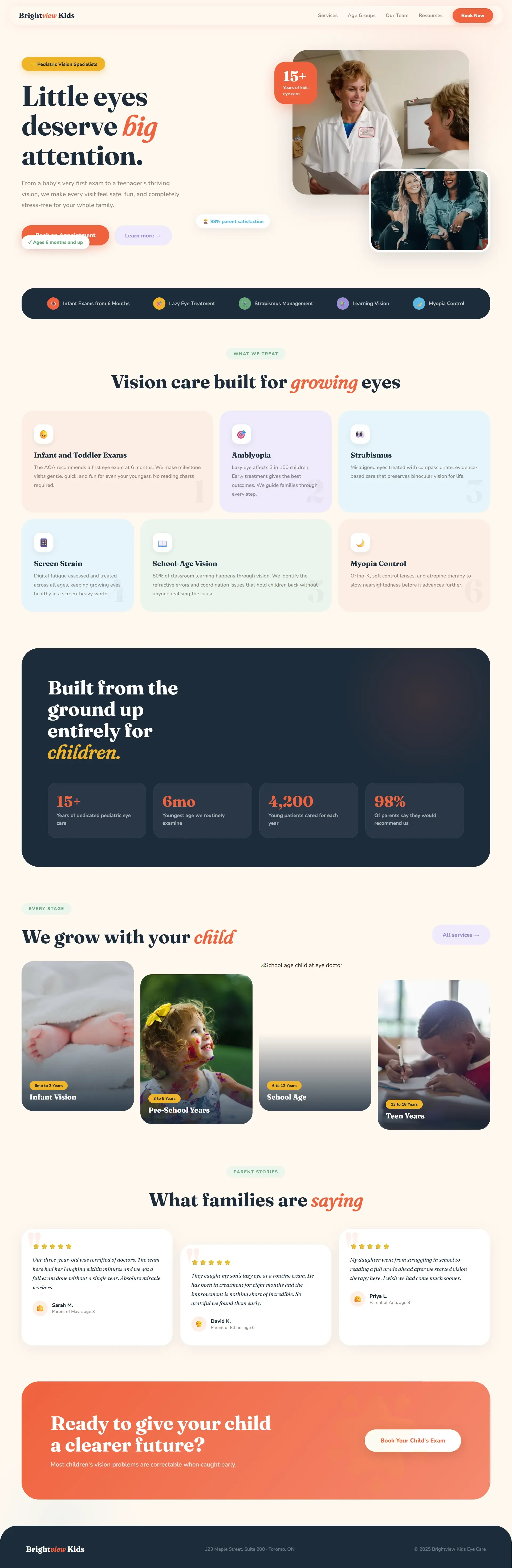 Specialized marketing for optometrists showing a pediatric eye doctor website design optimized for myopia control leads.