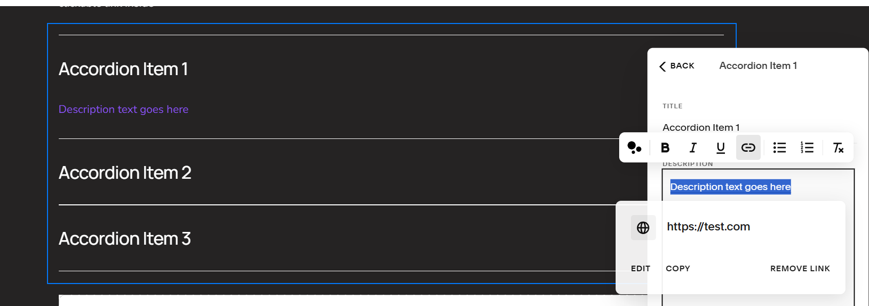 Squarespace accordion block with clickable link inside. - how to add links in accordion blocks squarespace  squarespace accordion link tutorial  add hyperlink in squarespace accordion