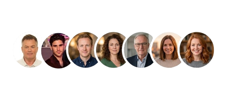 A group photo of seven diverse people, six adults and one young woman, posing together indoors with a dark background.