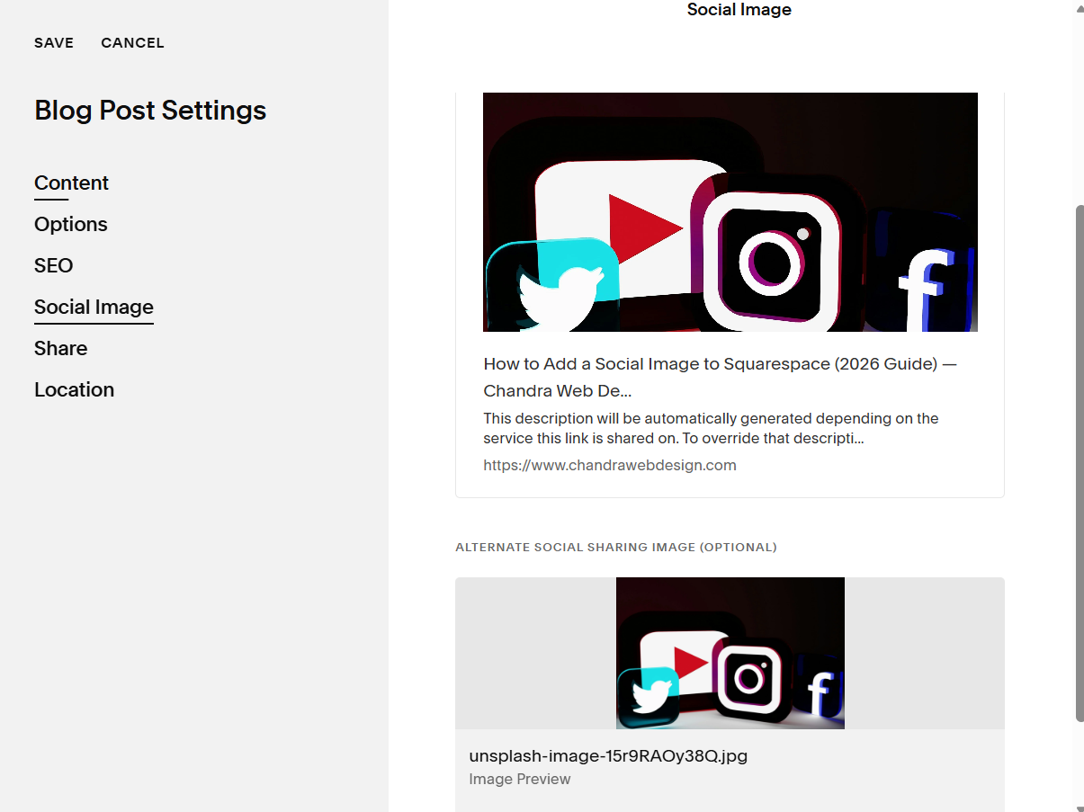 Squarespace page settings showing where to upload a social image.