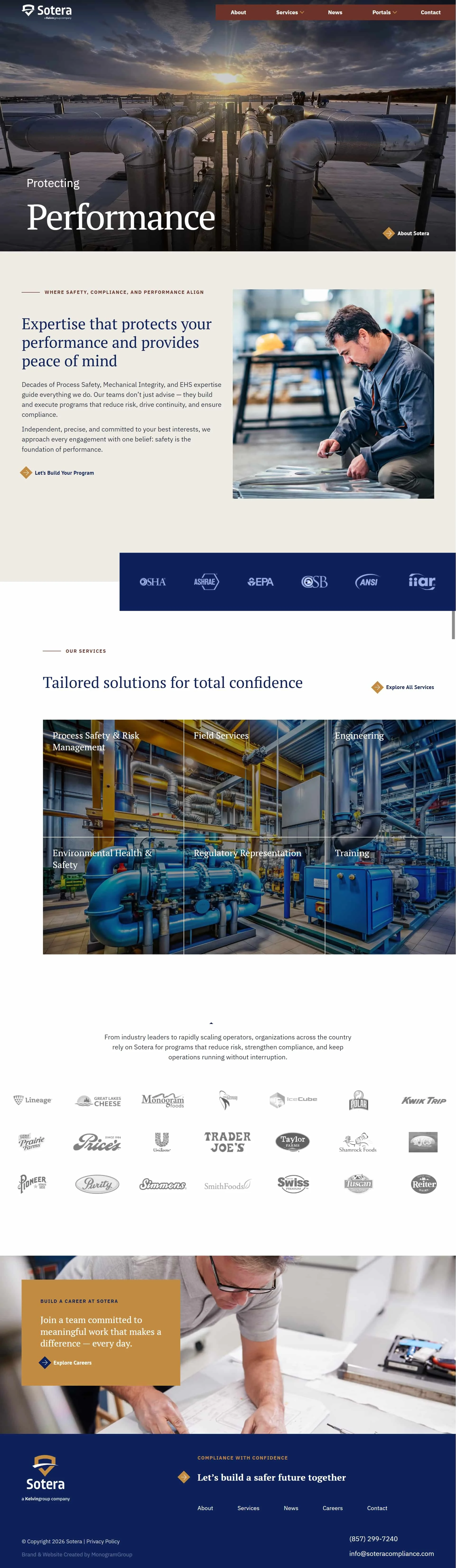 Industrial pipes against sunset sky on rooftop, with company branding for Sotera at top, featuring navigation menu, and sections on safety expertise, services. - squarespace web designer barrie, barrie squarespace designer, hire squarespace designer 