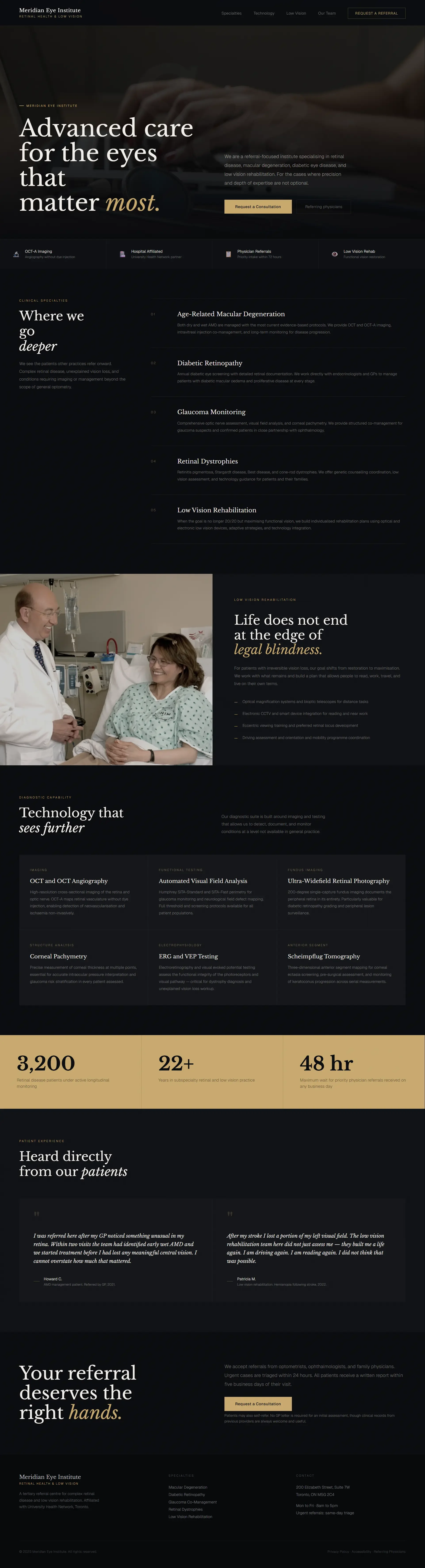 Advanced medical optometry website design showcasing comprehensive eye care, pathology management, and physician referral systems.
