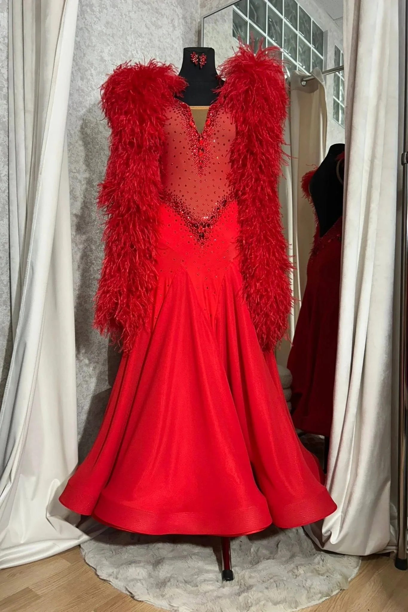 Red Feather Open-Back Ballroom Dress
