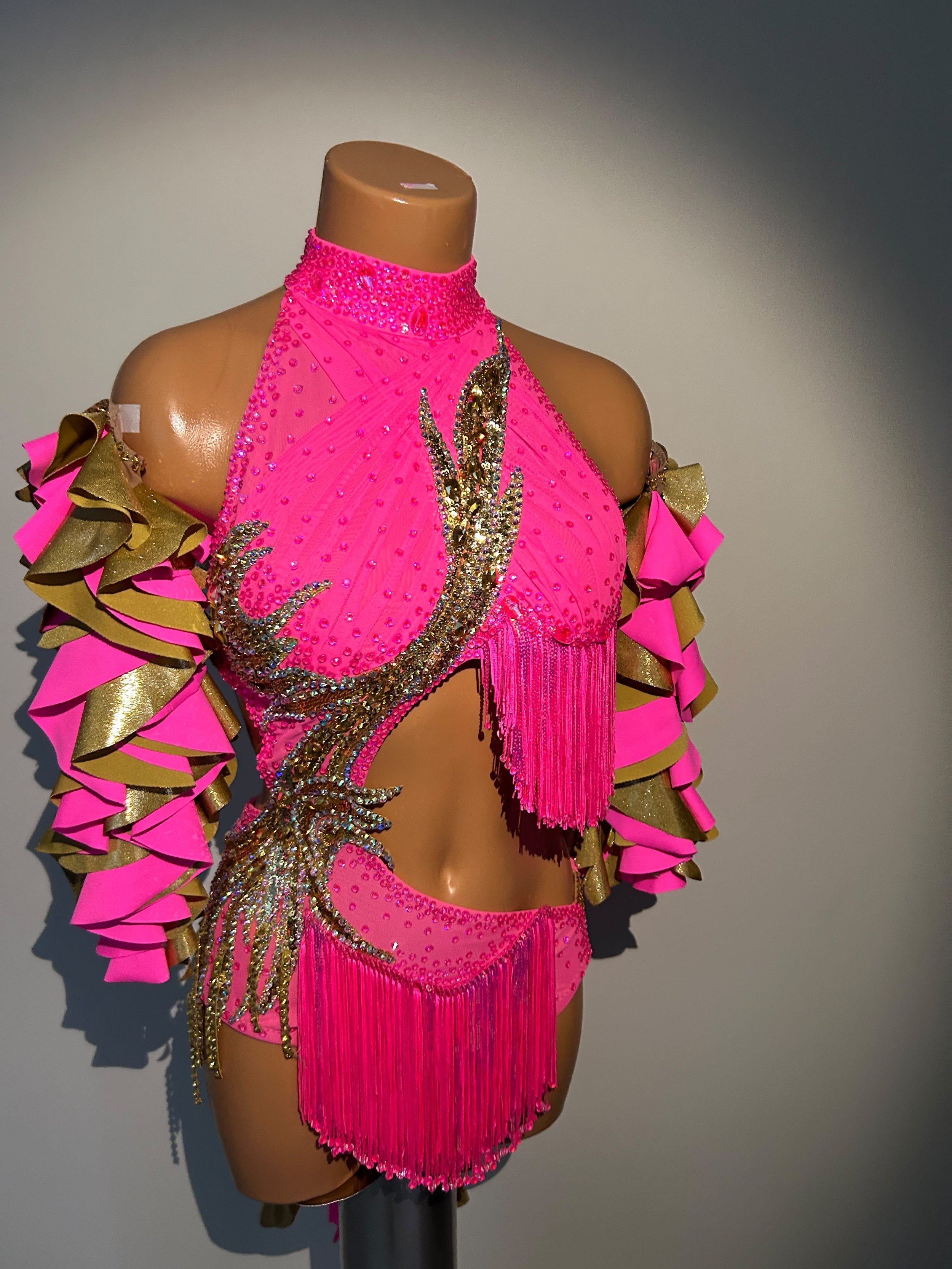 Caribbean Neon Pink Latin Dance Dress with Gold Details