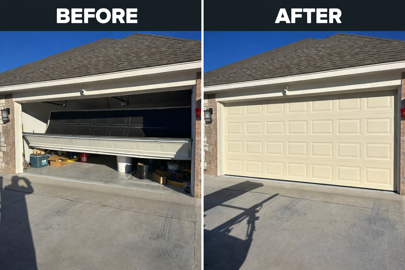 a before and after of a broken garage door
