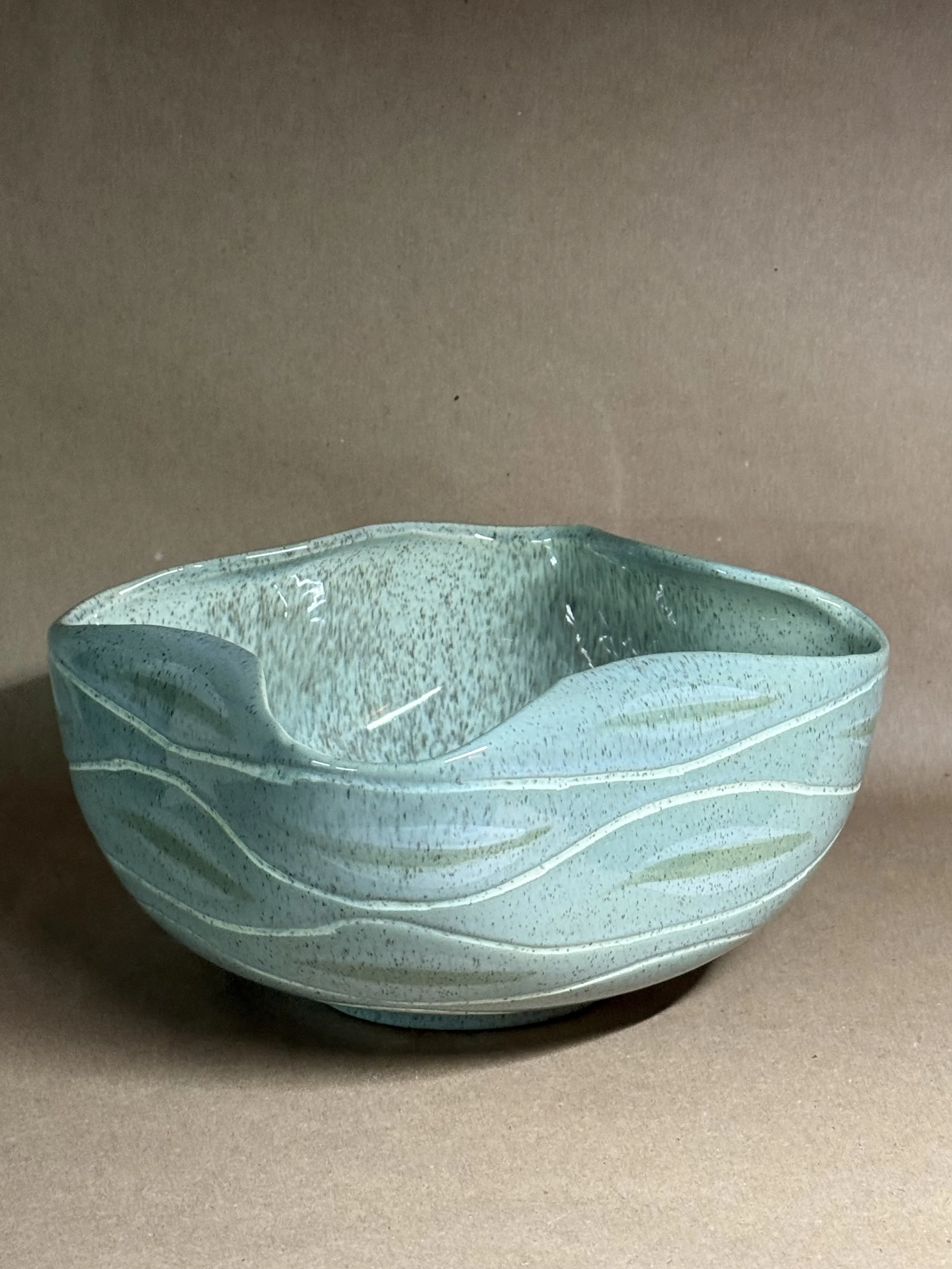 Sgraffito Bowl Hand Painted with Green Speckle Overglaze