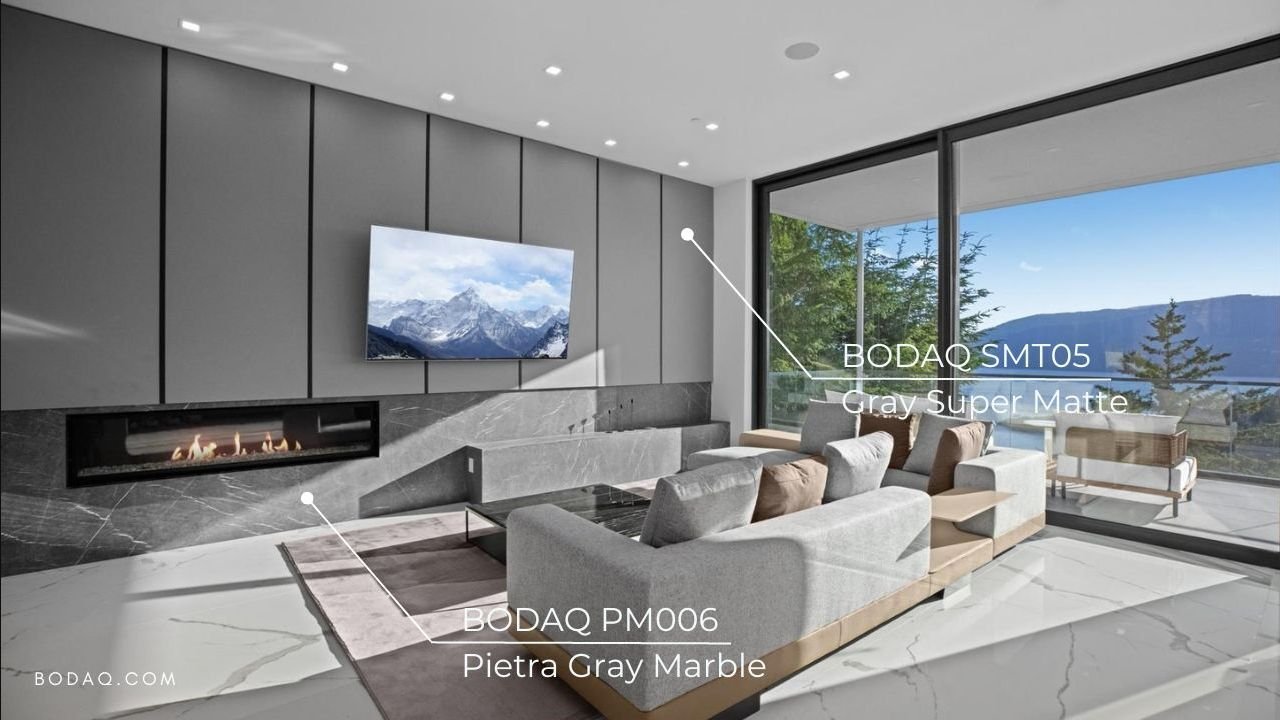 Modern interior with wall panels and fireplace resurfaced in BODAQ architectural film finishes.