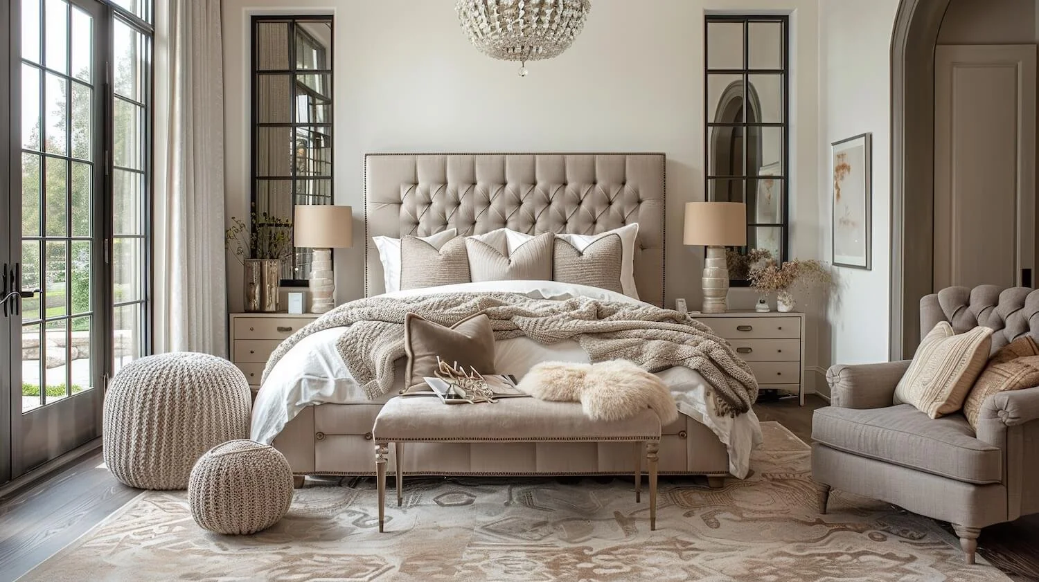 A cozy bedroom with a large tufted beige headboard, white bedding, and multiple pillows. Two bedside tables with lamps are on either side of the bed. There's a window with curtains on the left, and a small armchair with pillows and a blanket on the right. In front of the bed, there are knitted poufs and a bench with decorative items.
