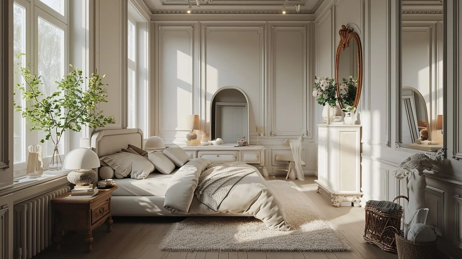 A spacious, elegant bedroom with white paneled walls, large windows letting in natural light, a bed with beige bedding and multiple pillows, a wooden nightstand with decorative items, a white dresser with a mirror, flower vases, and wall mirrors, light-colored flooring with a plush rug, and decorative sculptures and plants.