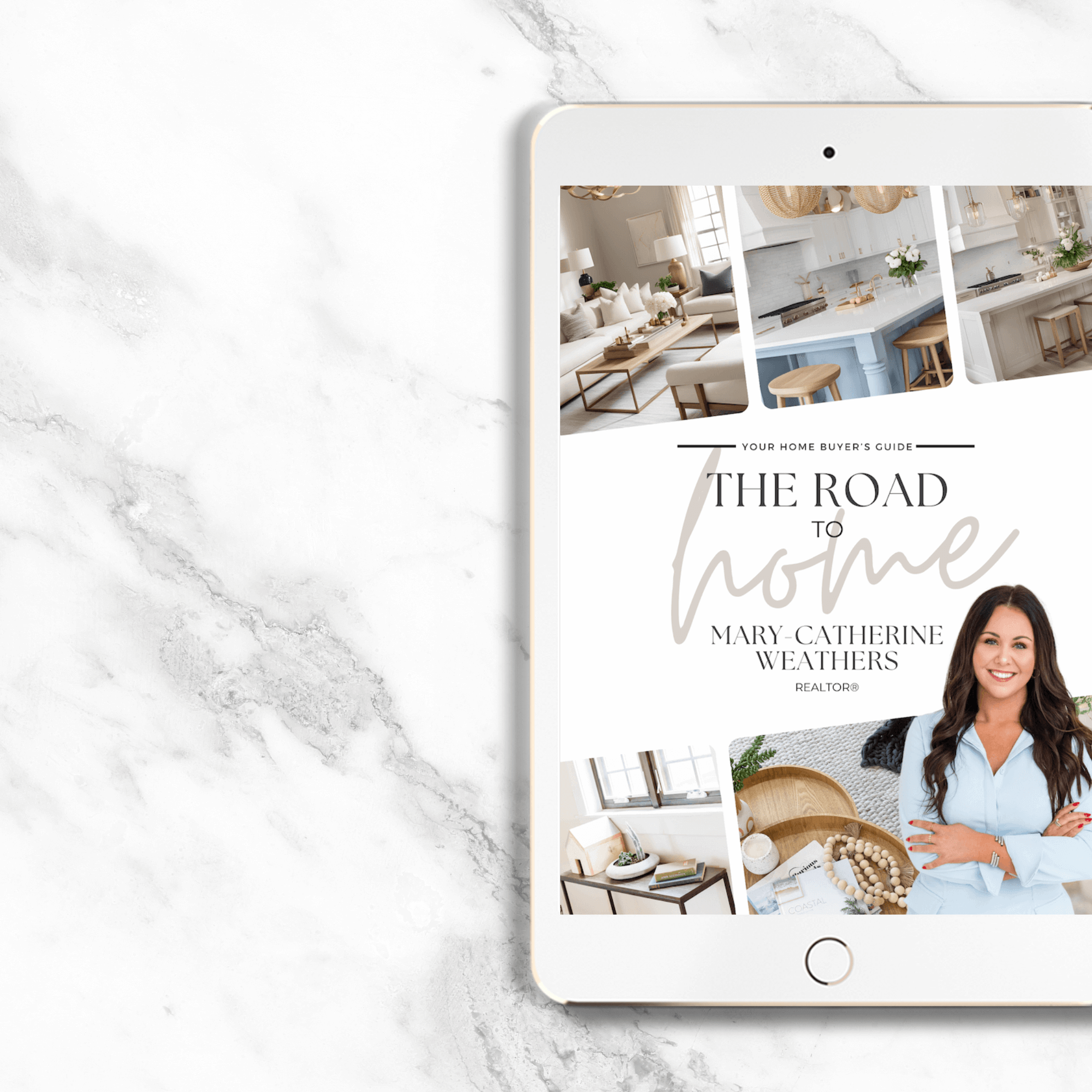 Book titled "The Road to Home" by Mary-Catherine Weathers on a white marble surface, featuring images of interior home decor and a woman smiling in a light blue shirt.