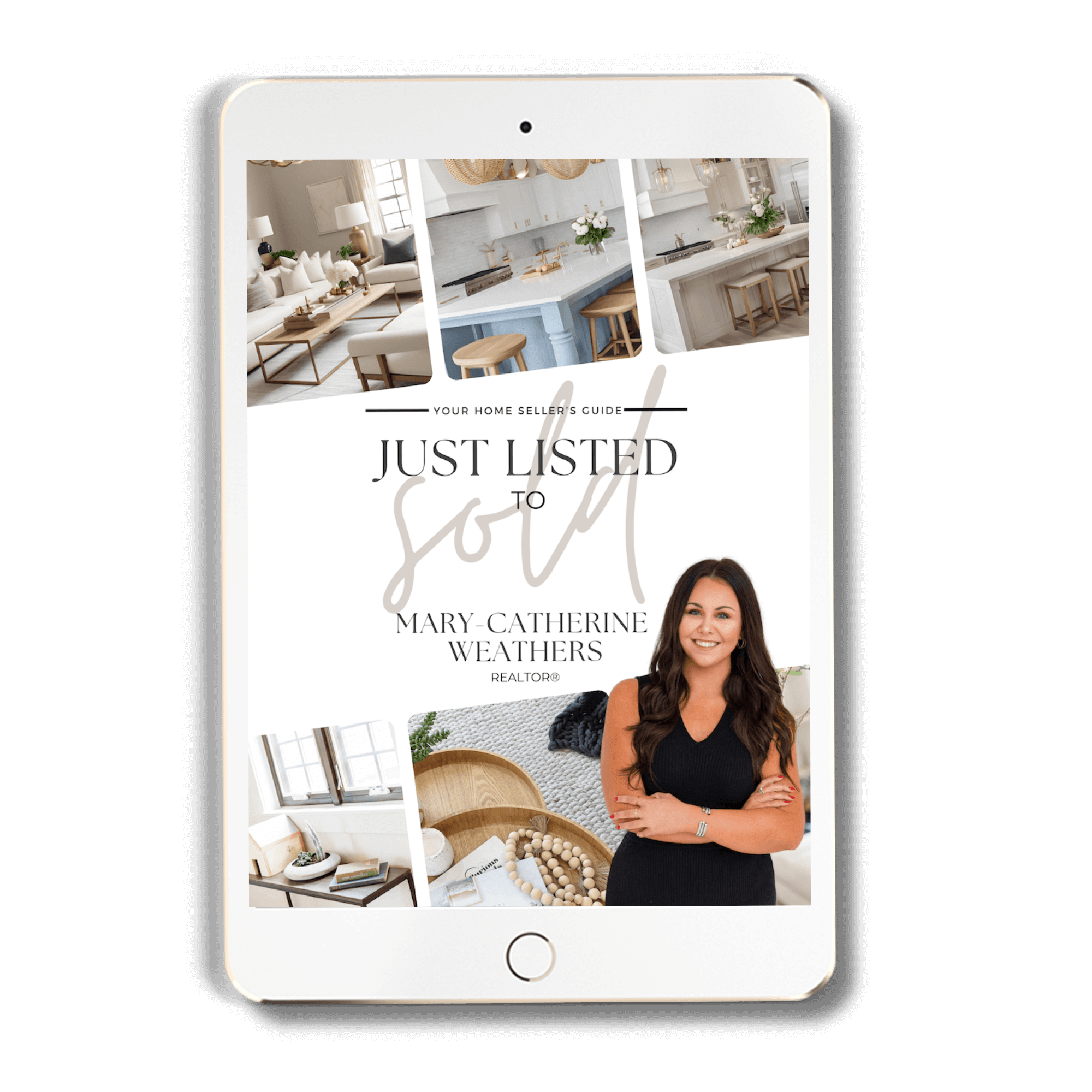 An iPad displaying a real estate listing guide with photos of a living room, kitchen, and workspace, featuring a woman smiling in a black dress.
