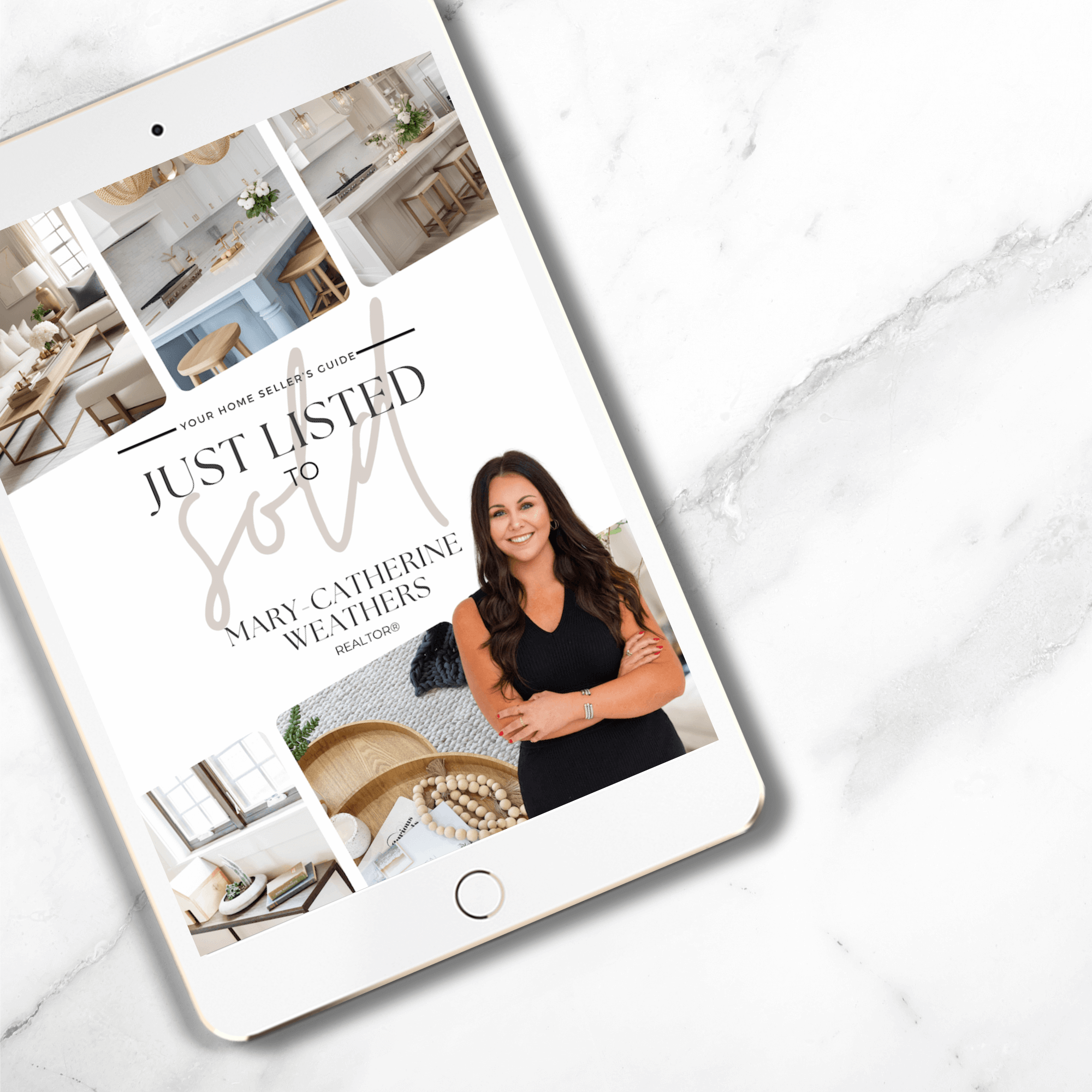 Tablet displaying a real estate listing for a home, with images of a modern kitchen and living room, and a photo of realtor Mary-Catherine Weathers smiling with her arms crossed, on a white marble surface.