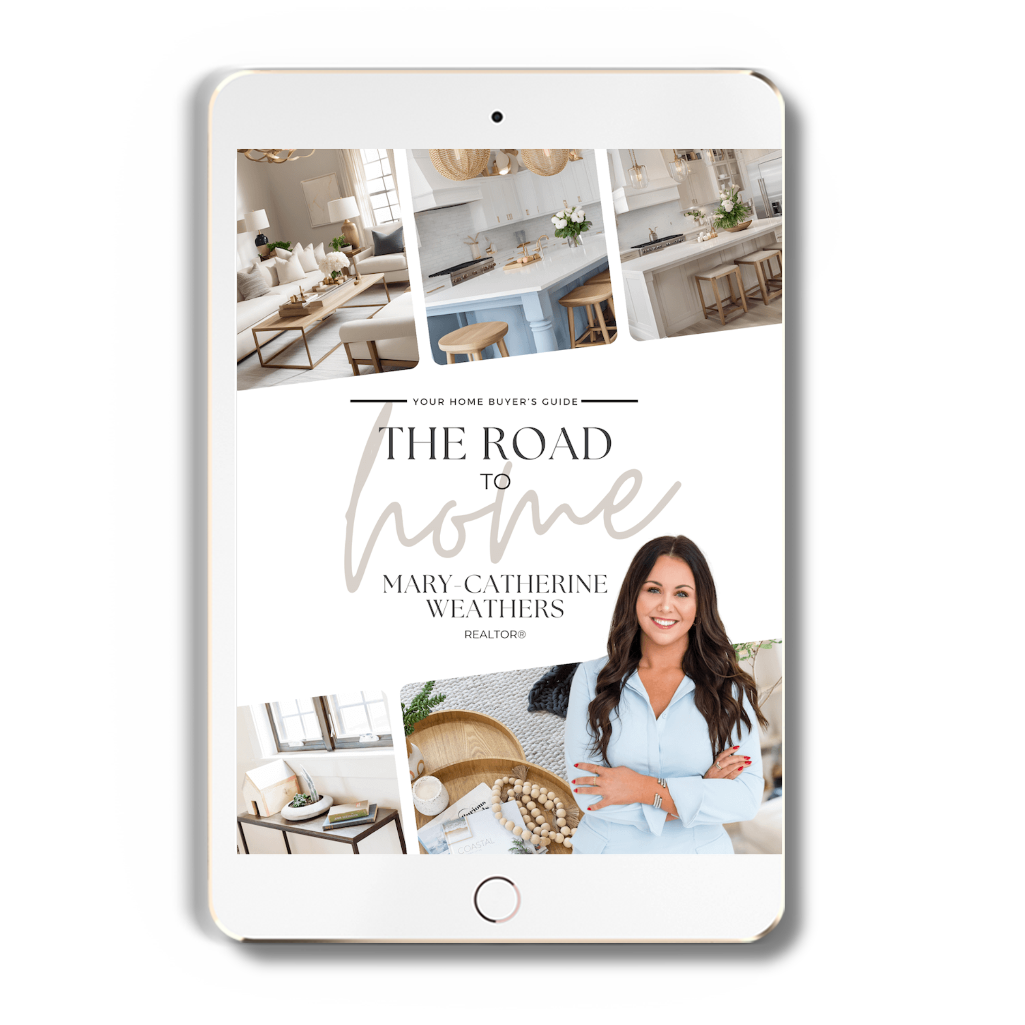 Ebook cover titled 'The Road to Home' by Mary-Catherine Weathers featuring images of interior home rooms and a portrait of the author.