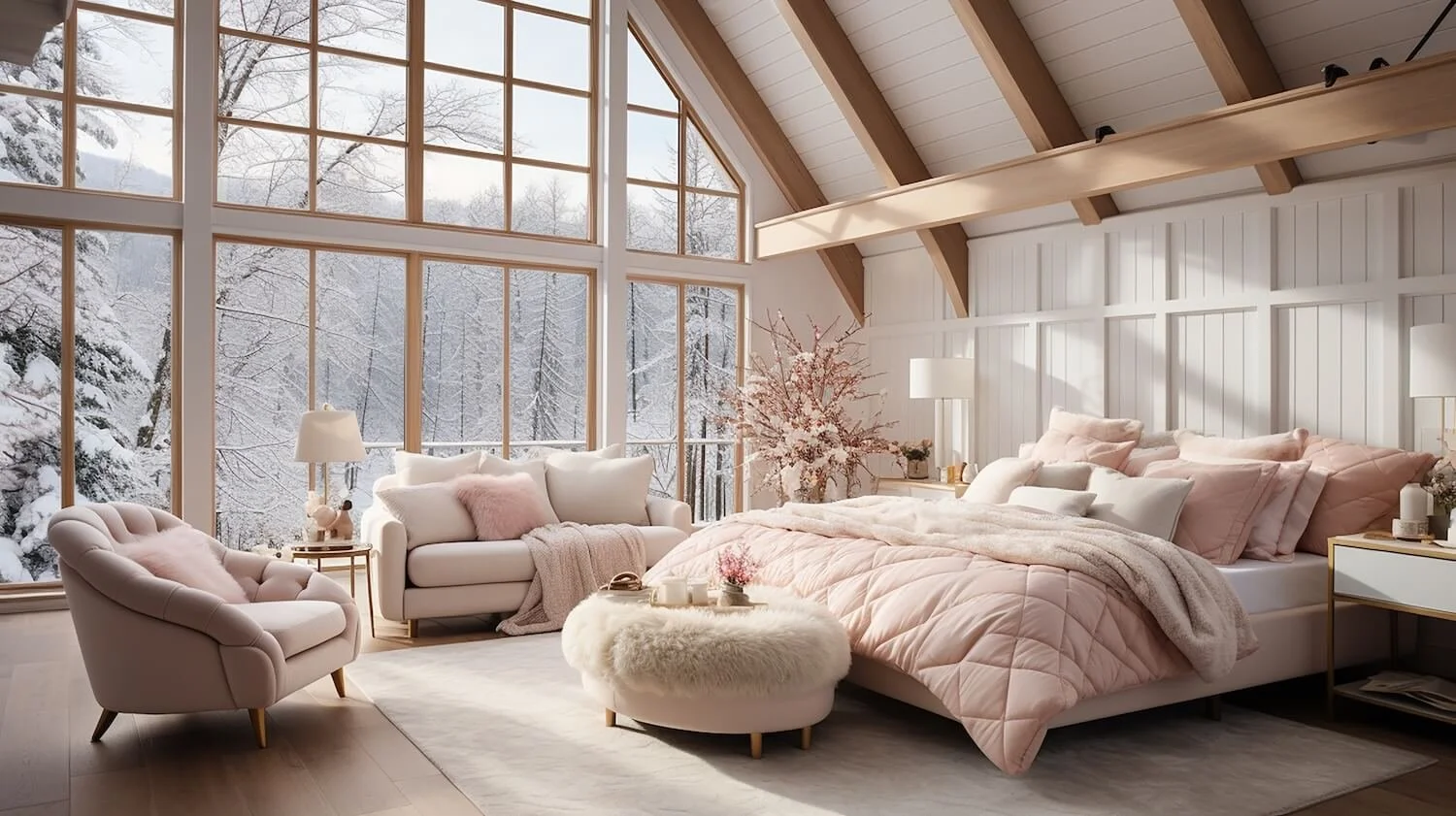 A bedroom with large windows showing a snowy winter landscape outside. The room has a high, angled ceiling with wooden beams. There is a neatly made bed with light pink and white bedding, multiple pillows, and a fluffy throw. The room also has a small sofa, an armchair, a round ottoman with a tray of cups and flowers, and two side tables with lamps, all decorated in soft pink and white tones.