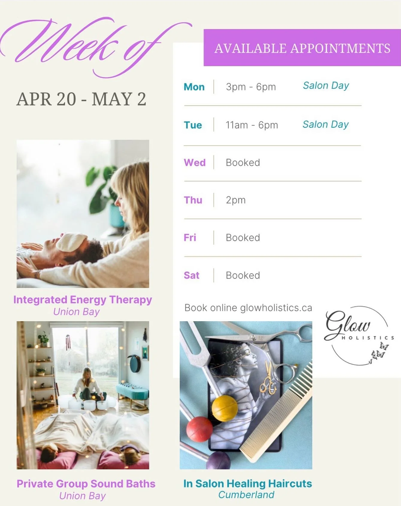 This week&rsquo;s openings ☝🏼 Not shown: I am in Port Alberni @thecovebeautycollective on April. 26th, Sunday with ONE Healing Haircut opening left. Booking link in bio 🌺