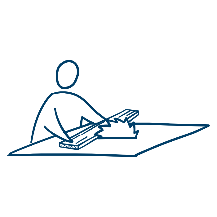 Skizzierte Illustration einer Person, die an einem Tisch sägt.