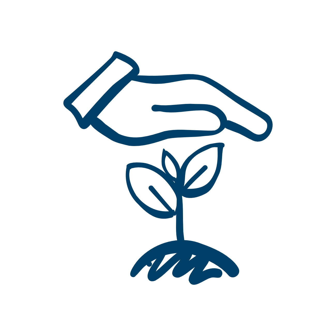 Hand, die eine Pflanze mit Blättern schützt.