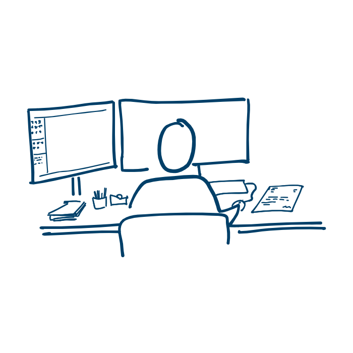 Zeichnung einer Person, die an einem Schreibtisch mit drei Monitoren arbeitet, umgeben von Arbeitsmaterialien.