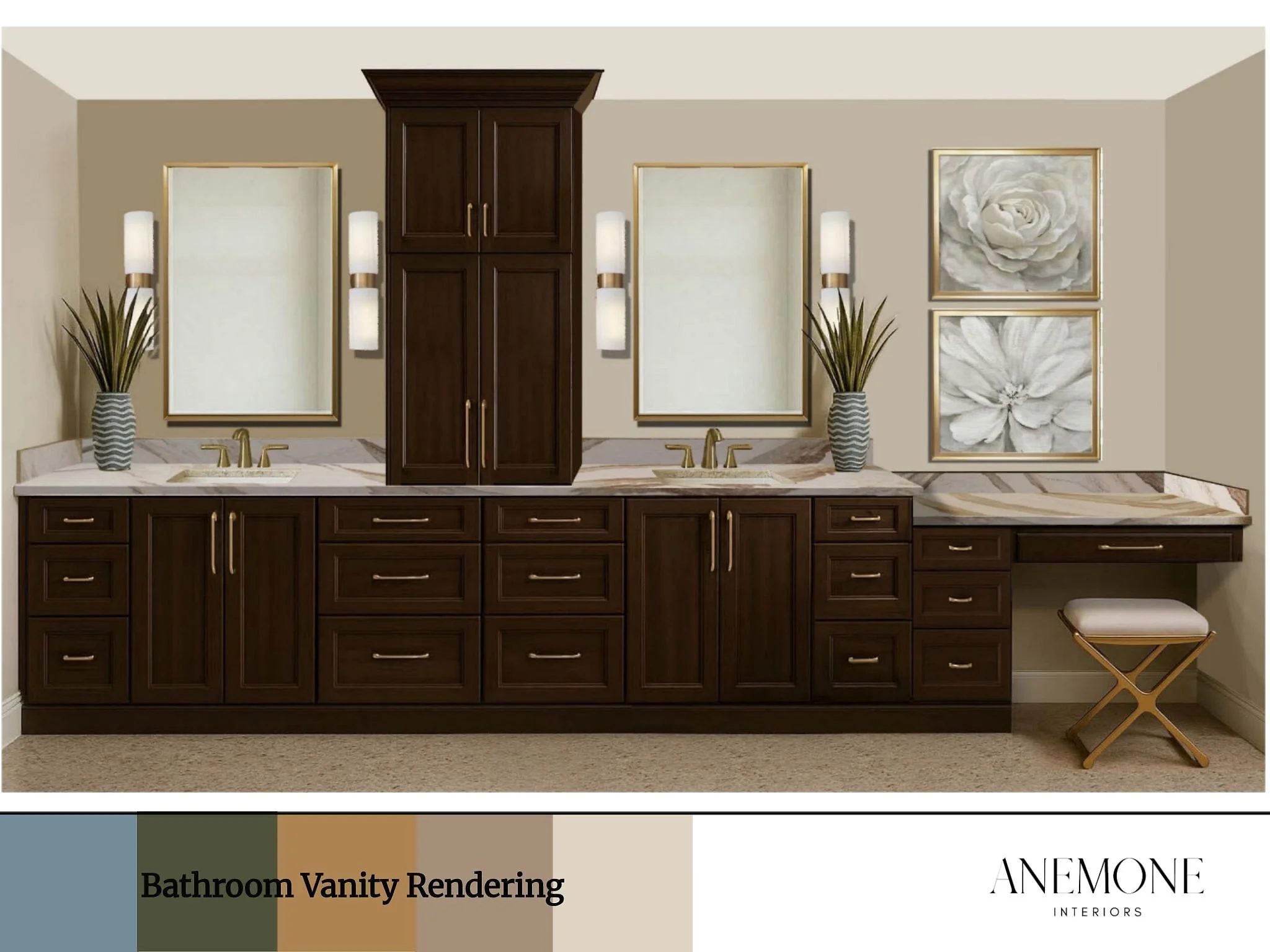 Primary bathroom vanity rendering featuring custom cabinetry, stone countertops, dual sinks, and integrated storage designed for everyday luxury.