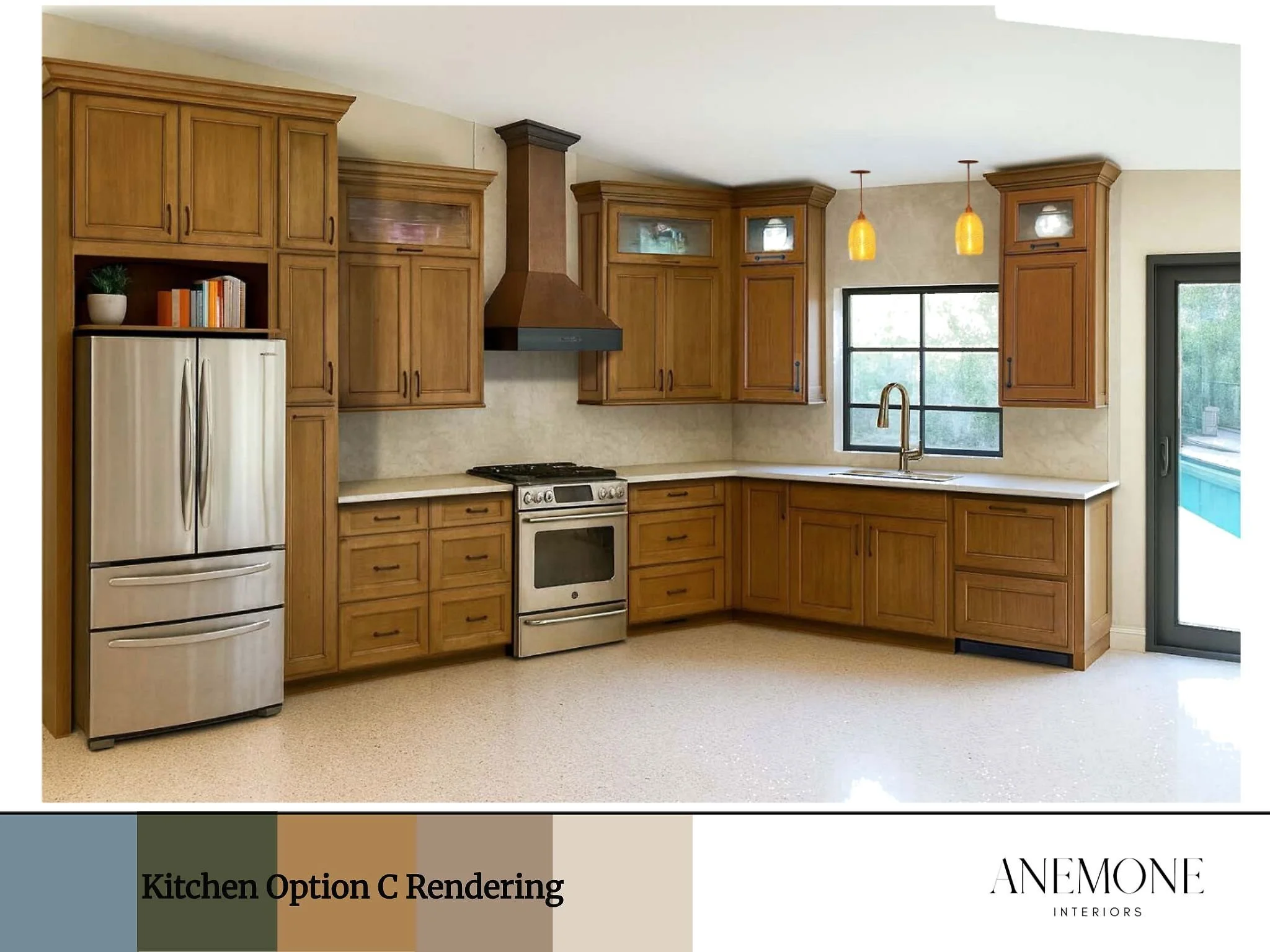 wood cabinetry, layered lighting, and a refined luxury kitchen layout during design development.