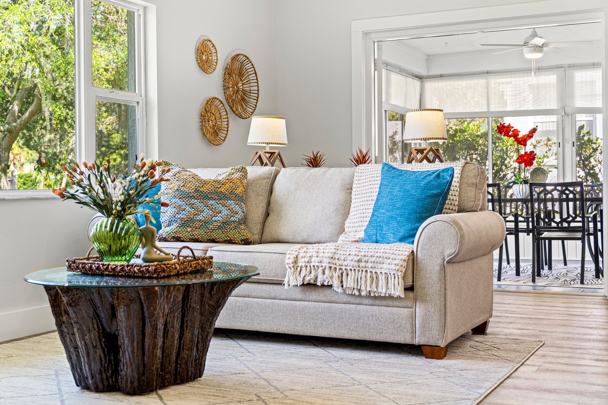 Soft, stylish, and ready to welcome you in.

☀️ Pops of blue and woven textures give this space a bright coastal lift without feeling too theme-y.

#AnemoneInteriors #CoastalDesign #TropicalDesign #FloridasNatureCoast ##SmallSpacesBigDreams