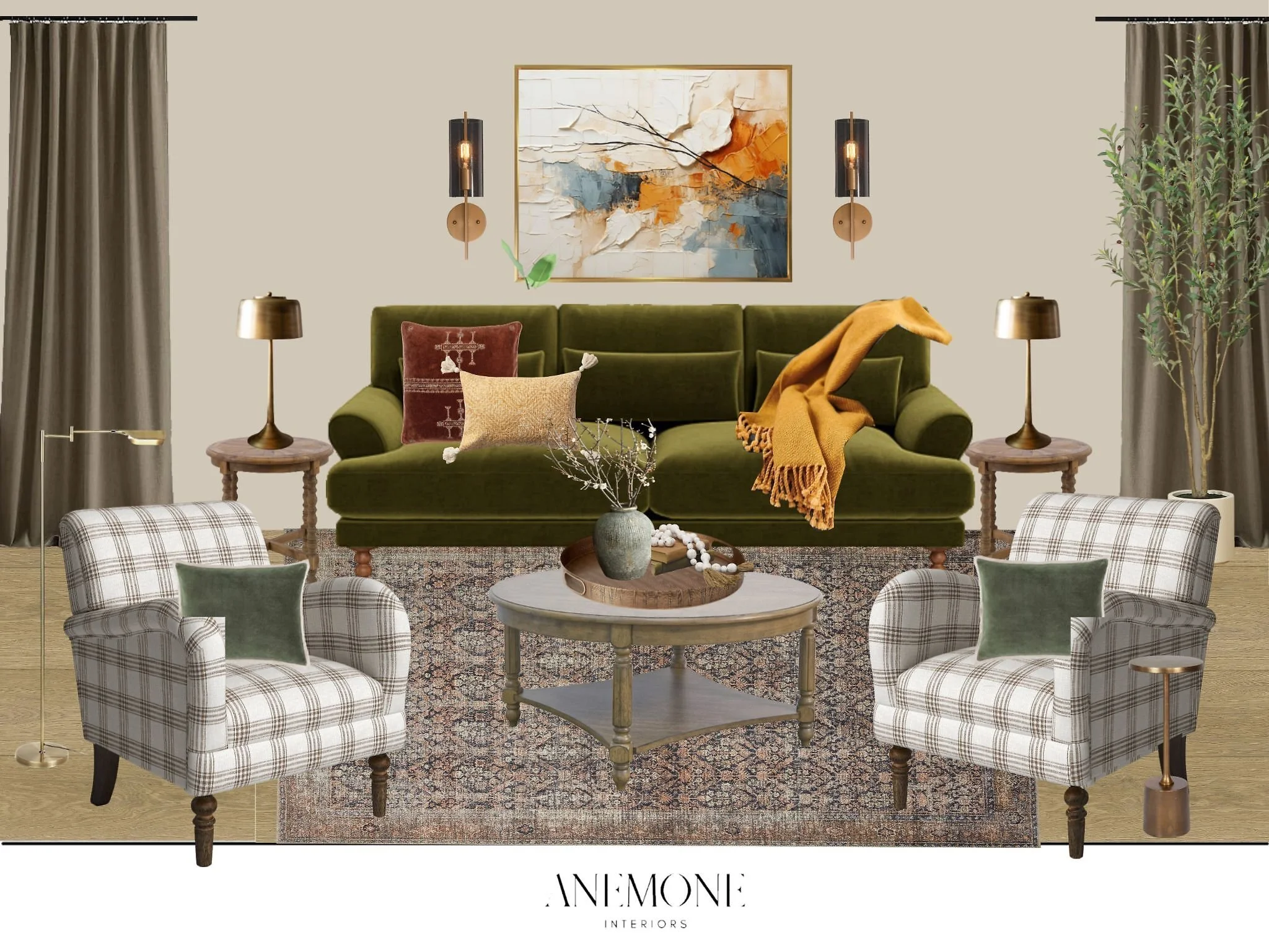 Fall home refresh 🍂✨ This cozy living room design layers an olive green velvet sofa, plaid accent chairs, a vintage Persian rug, and warm brass lighting for the perfect seasonal style. 🍁

Tap the link in bio to explore the full fall living room des