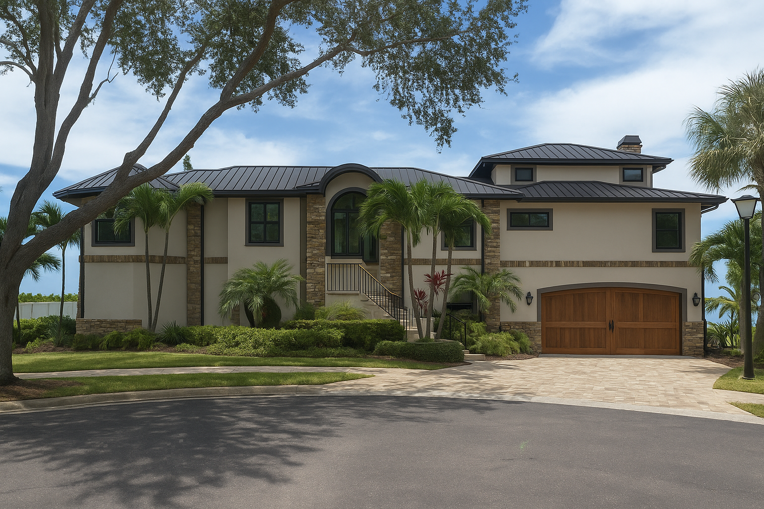 Exterior rendering of Seabreeze Modern in Gulfport, Florida featuring a modern coastal home with layered stone detailing, warm wood garage doors, black metal roofing, and tropical landscaping.