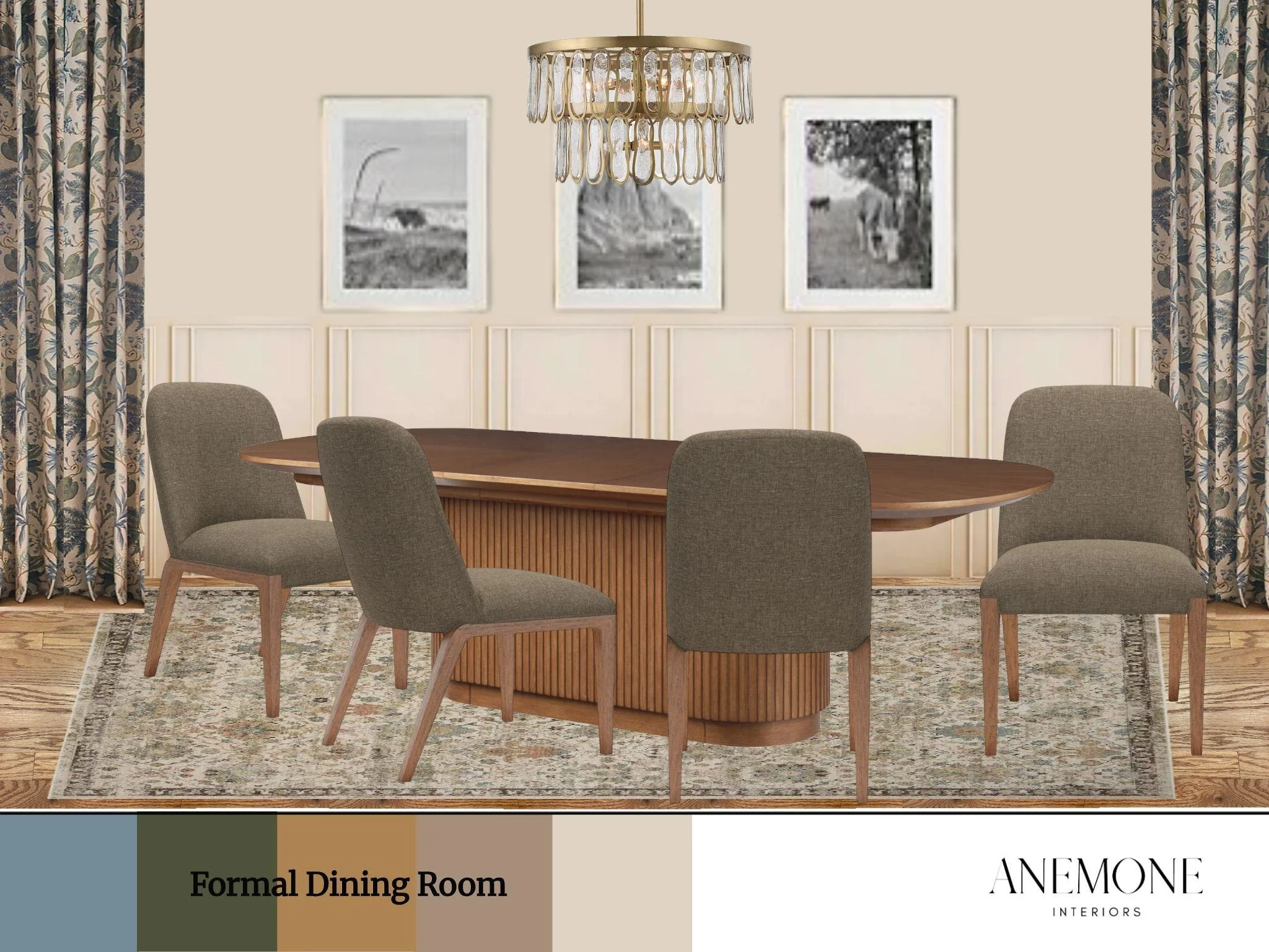 Formal dining room rendering for Gibraltar House featuring custom wall detailing, warm wood furnishings, layered textiles, and elevated transitional design.