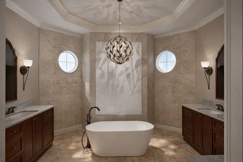 AI Rendering of a Tuscan Modern Bathroom with a Freestanding Tub in the Center and a floral chandelier gleaming above it