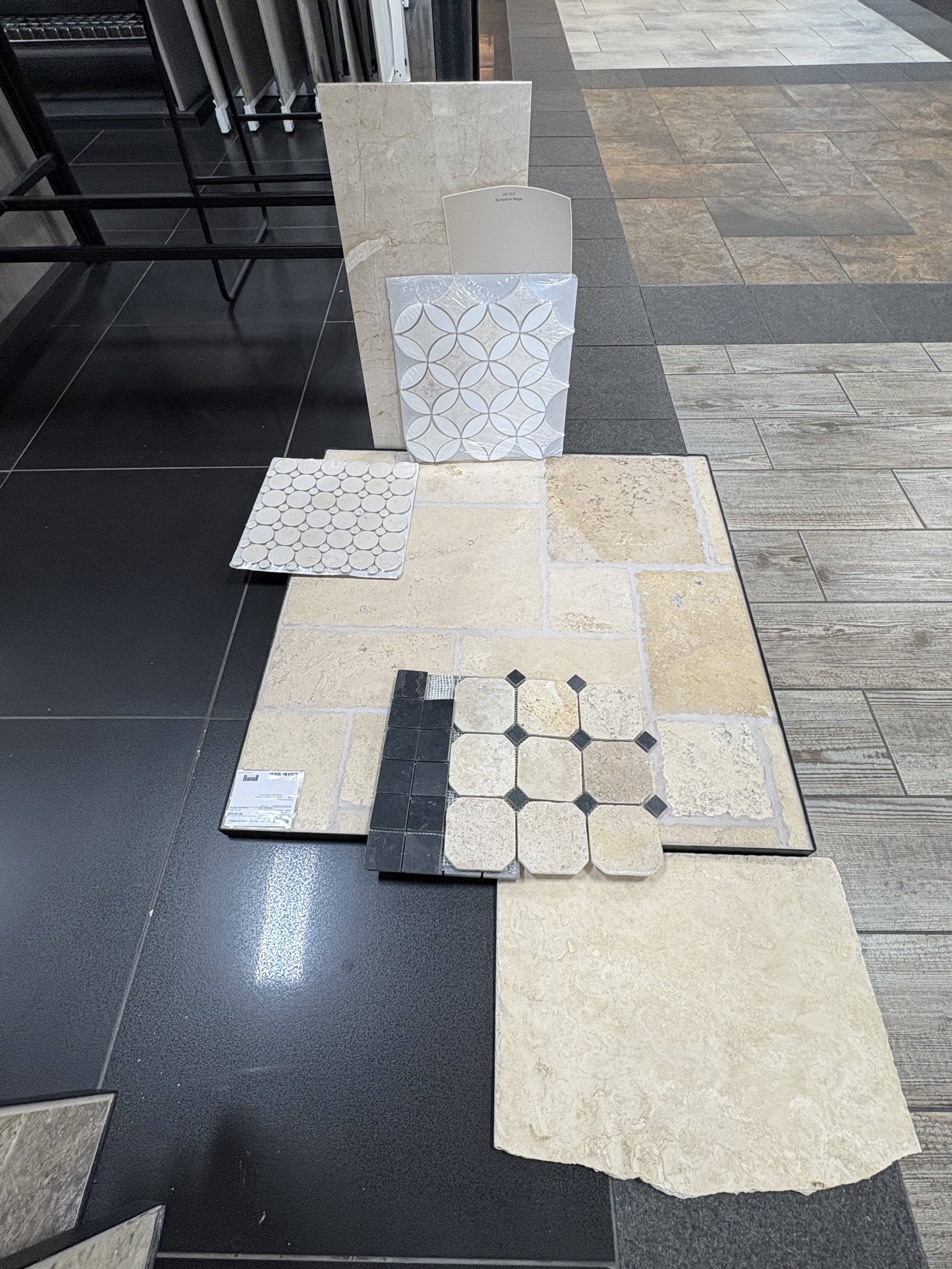 Tile Selections in Warm Creamy Travertines and Marbles that complement eachother for a Tuscan Modern design